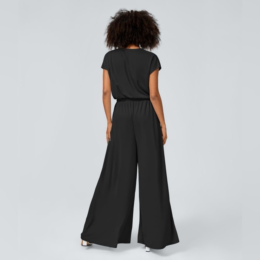 HALARA V Neck Short Sleeve Side Pocket Wide Leg Flowy Waffle Casual Jumpsuit M - Picture 2 of 7